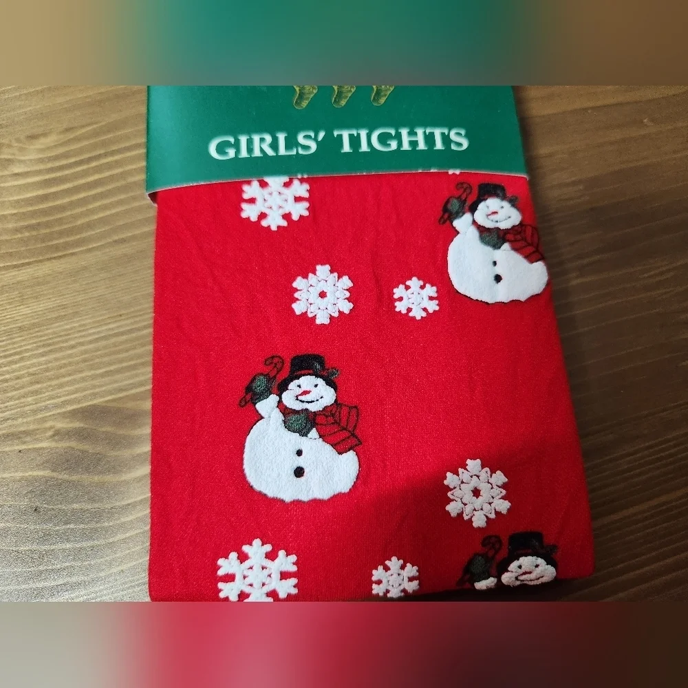 Holiday Time Red Vintage Christmas Girls Tights with Snowman and Snowflakes